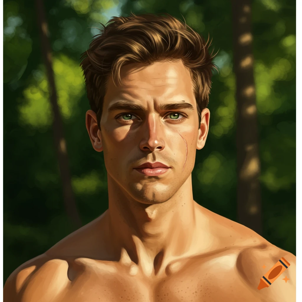 Digital painting of a bare-chested man with brown hair, green eyes, and a scar on his cheek, in a forest.