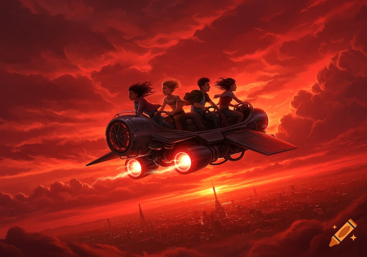 Four teenagers ride a flying machine over a red-hued cityscape at sunset, an adventurous scene.