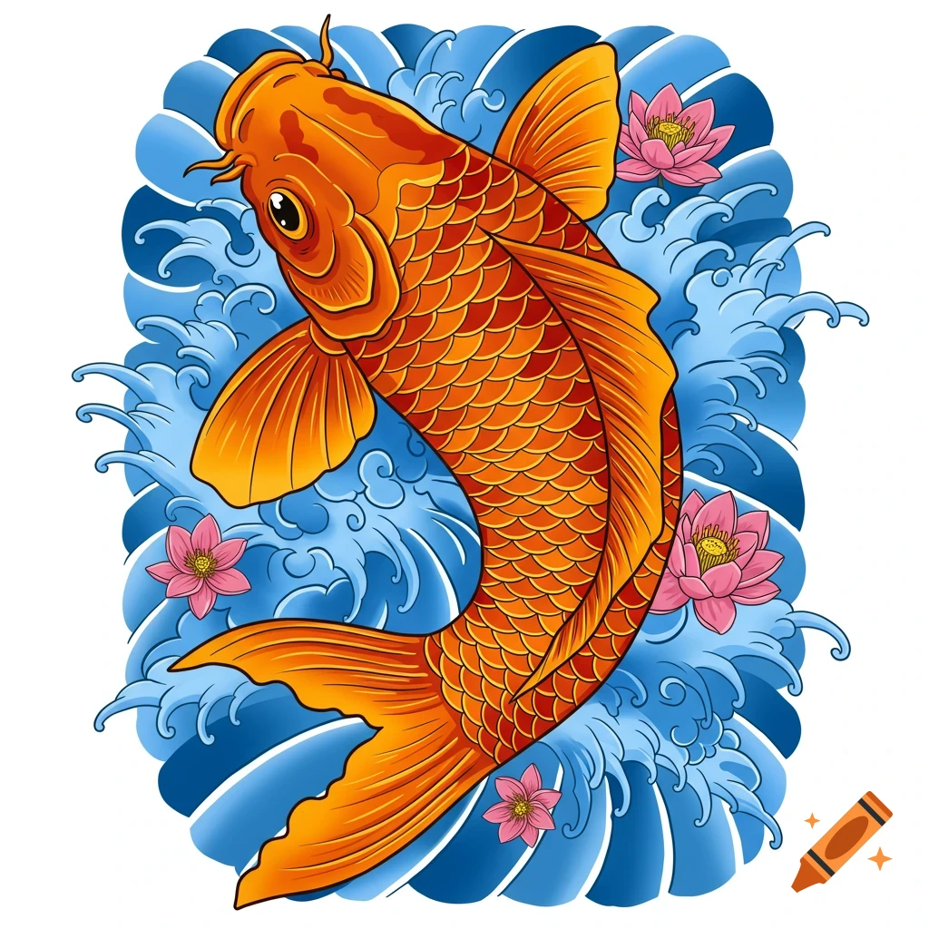 A vibrant orange koi fish swims amidst blue stylized waves and pink lotus flowers in a traditional tattoo art style.