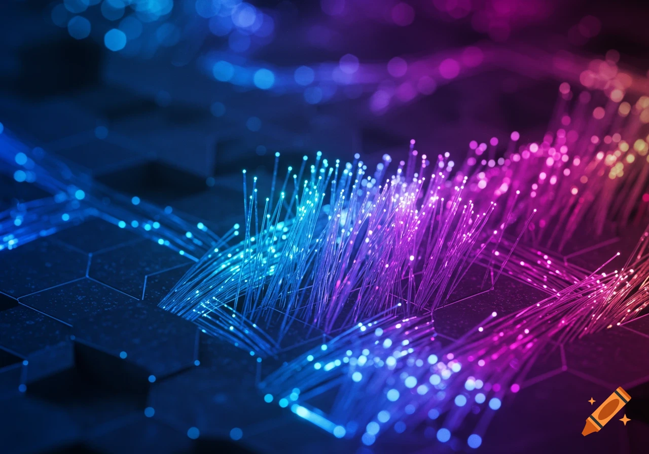 Close-up of vibrant blue, purple, and red optical fibers bundled on a dark hexagonal patterned surface.