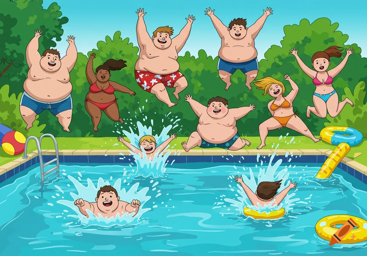 Cartoon of a diverse group of people, some overweight, happily jumping into a swimming pool on a sunny day.