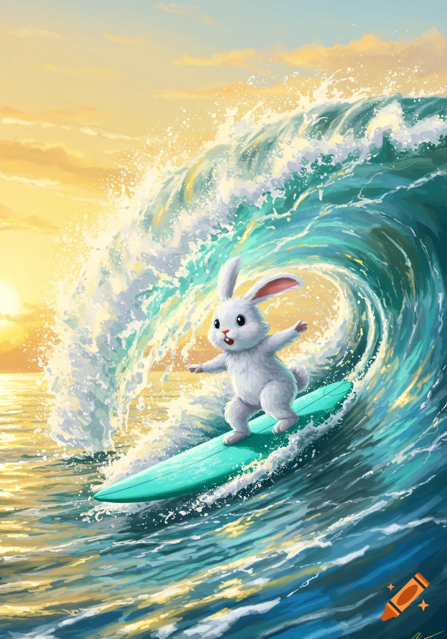 A cute cartoon bunny surfs on a large teal wave during a golden sunset.