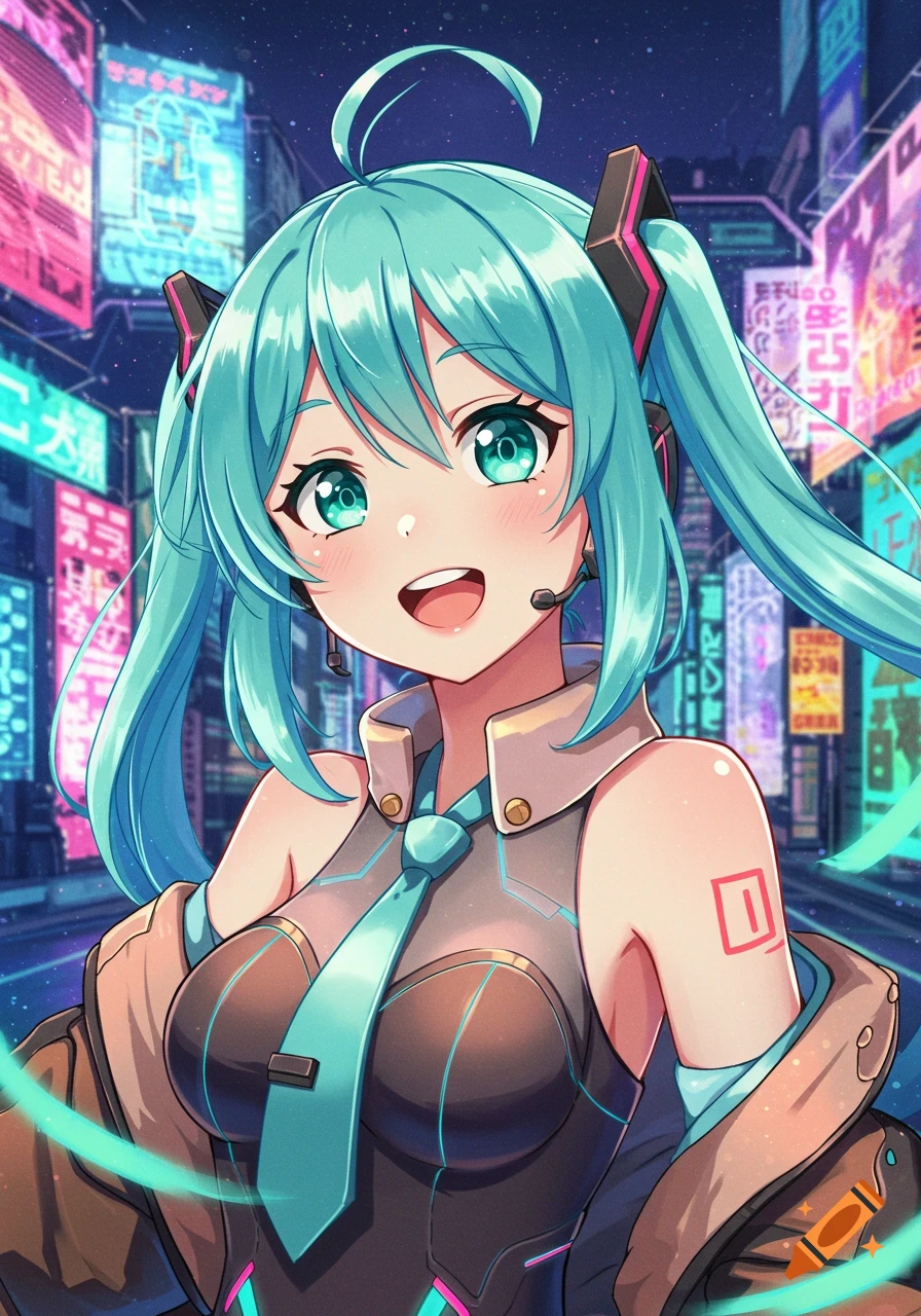 Anime girl with teal pigtails and headphones smiles against a neon-lit cyberpunk city.