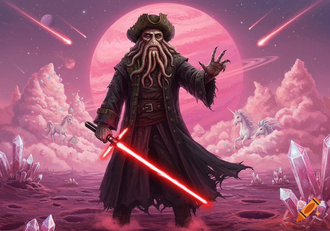 Davy Jones in Sith robes holding a red lightsaber on a pink, cratered planet with fluffy clouds and unicorns.