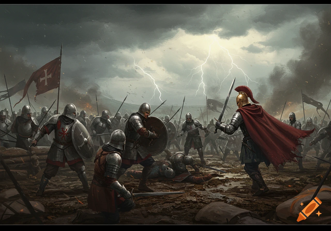 Knights in full armor clash on a muddy battlefield under a stormy sky with lightning, in a dramatic digital painting.