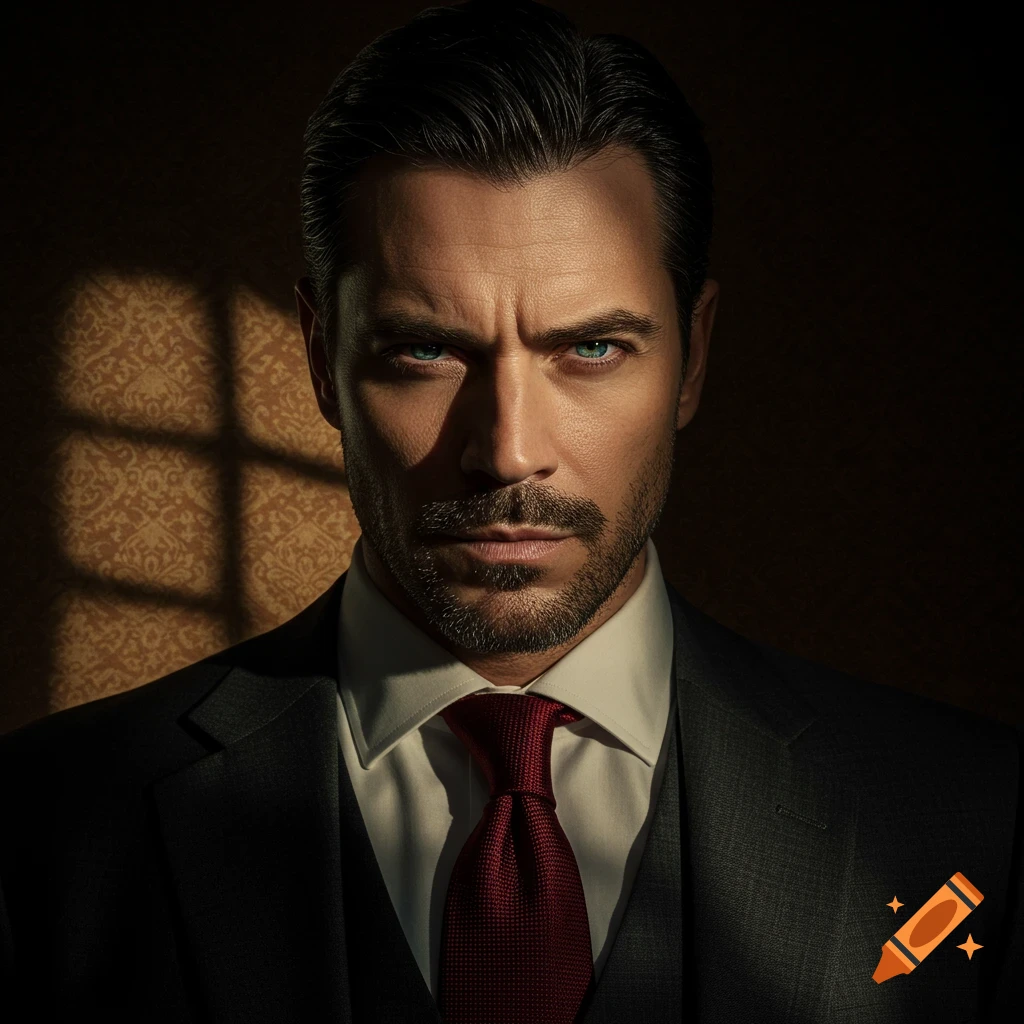 Close-up photorealistic portrait of a serious man with blue eyes and a beard, wearing a suit and red tie, in dramatic shadow.