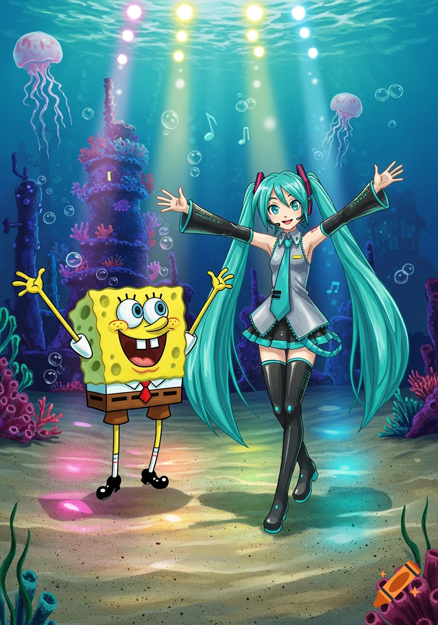 Spongebob Squarepants and Hatsune Miku stand together underwater amidst coral and jellyfish in an animated style.