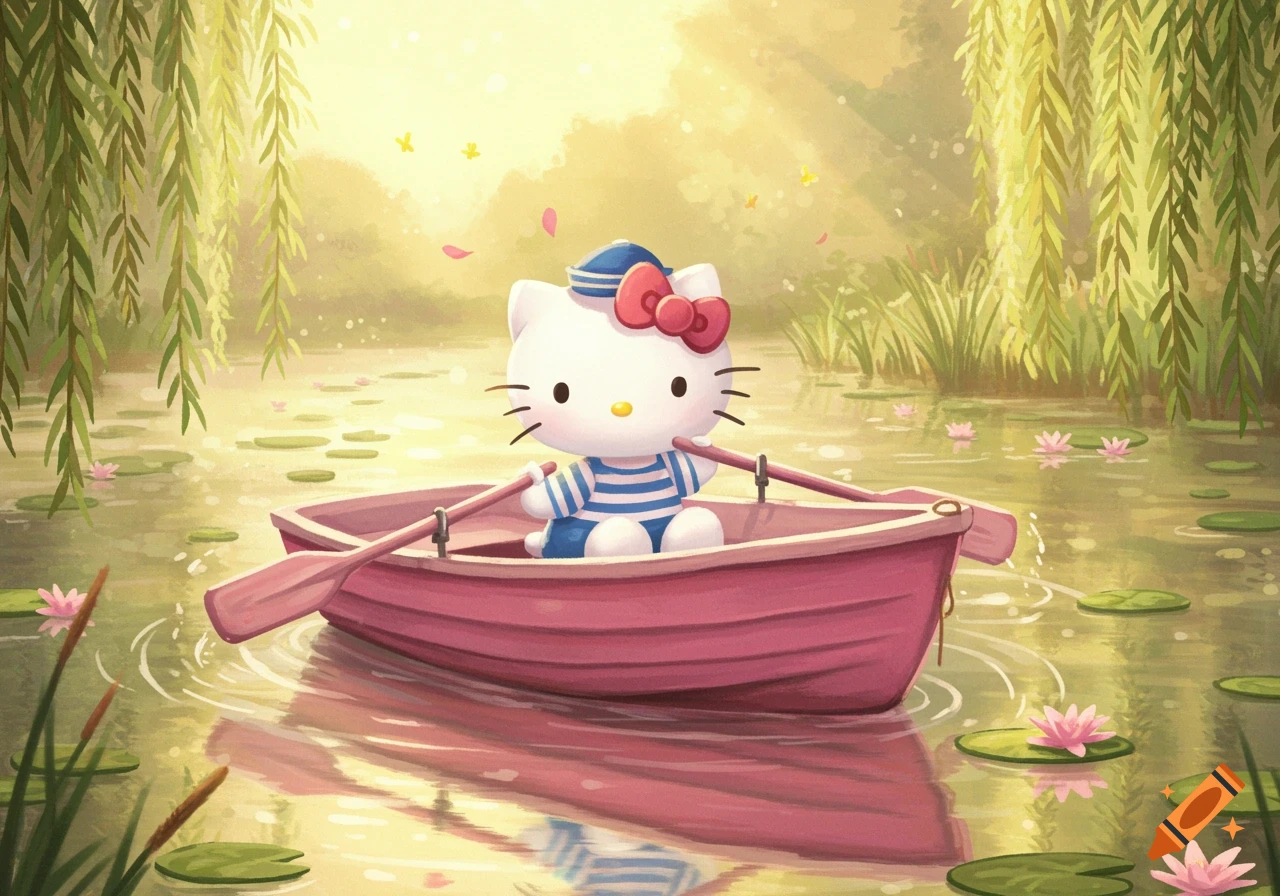 Hello Kitty in a sailor outfit rows a pink boat on a pond with lily pads and willow trees in a whimsical, light-filled illustration.