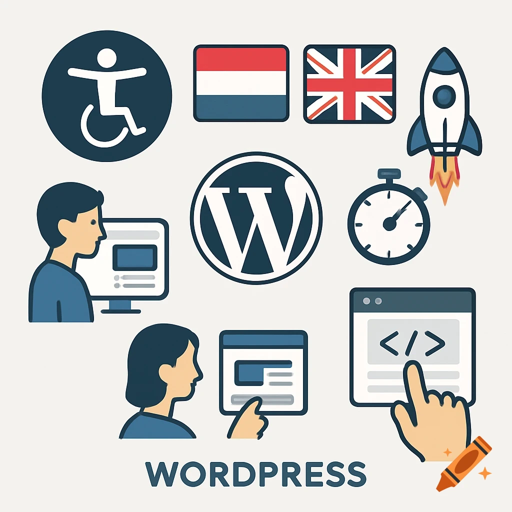 Flat design icons representing web development, including WordPress logo, accessibility, flags, and coding symbols.
