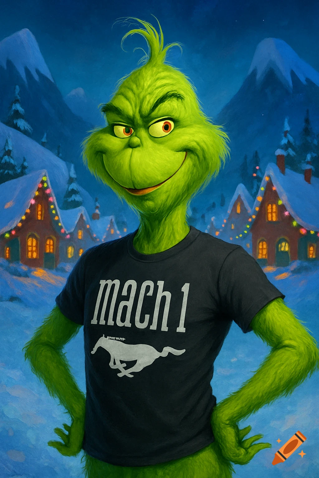 The Grinch smiles, wearing a black t-shirt with 'mach 1' and a Ford Mustang horse logo, in a snowy village scene.