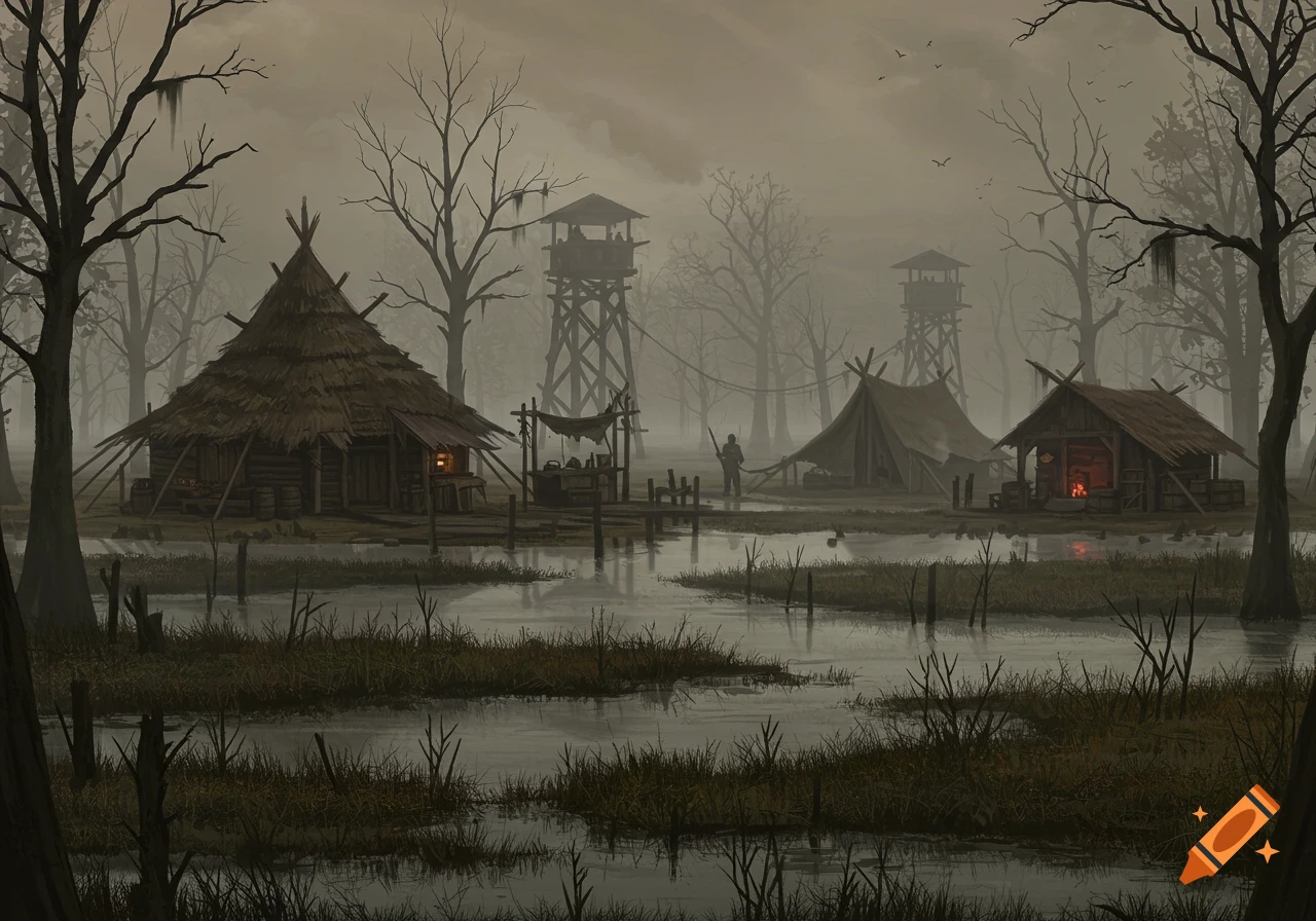 A dreary, misty swamp village with thatched huts, tall wooden watchtowers, and a lone figure in a foreboding landscape, in a digital painting style.
