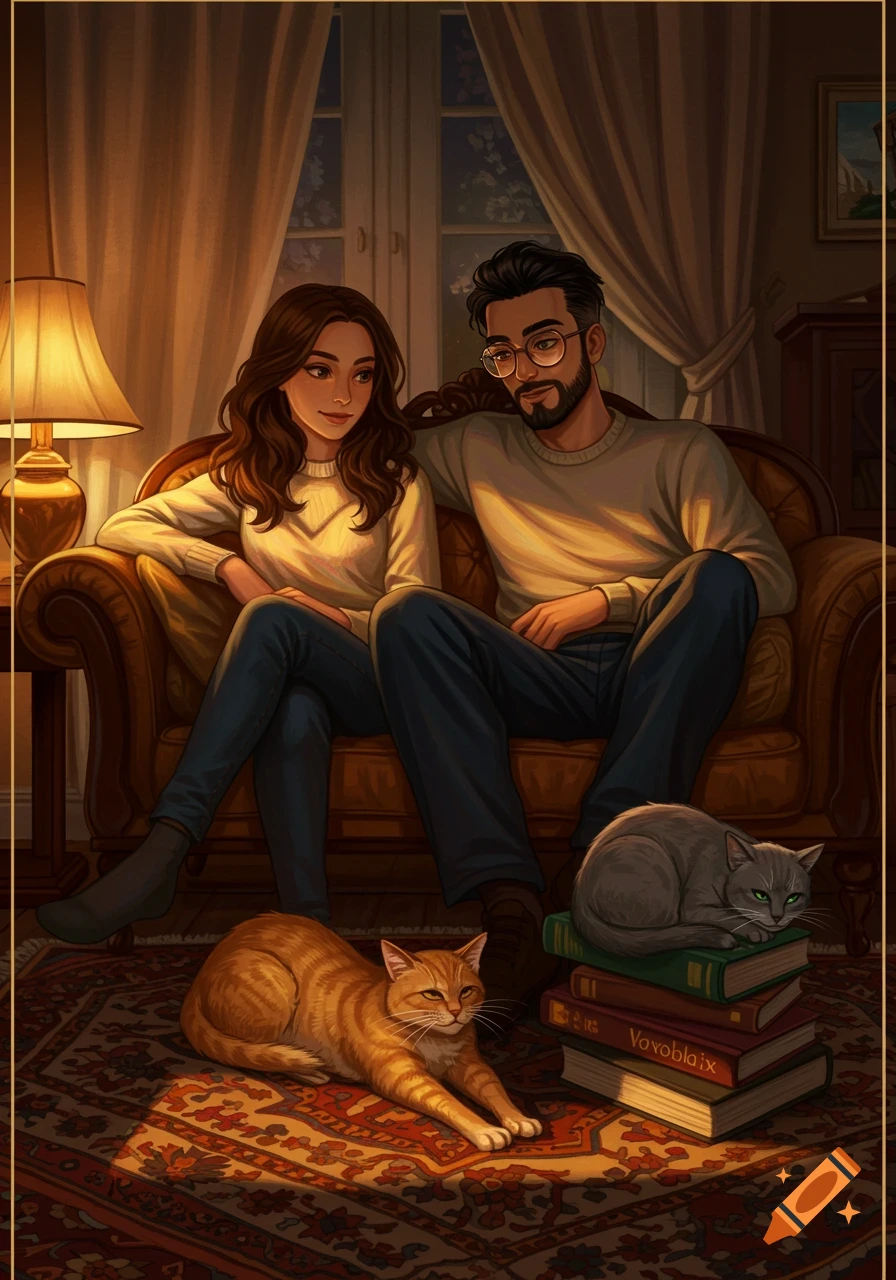 An illustrated image of a man and woman sitting on a sofa in a warmly lit room, with an orange tabby cat stretching on the rug and a gray cat resting on a stack of books.
