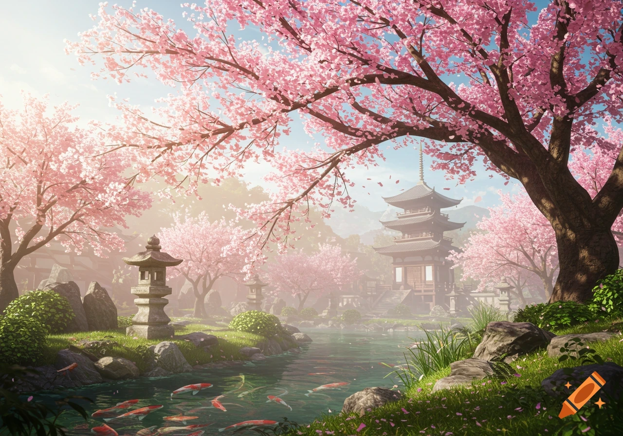 A vibrant, photorealistic Japanese garden with pink cherry blossom trees, a traditional pagoda, a pond with koi fish, and stone lanterns.