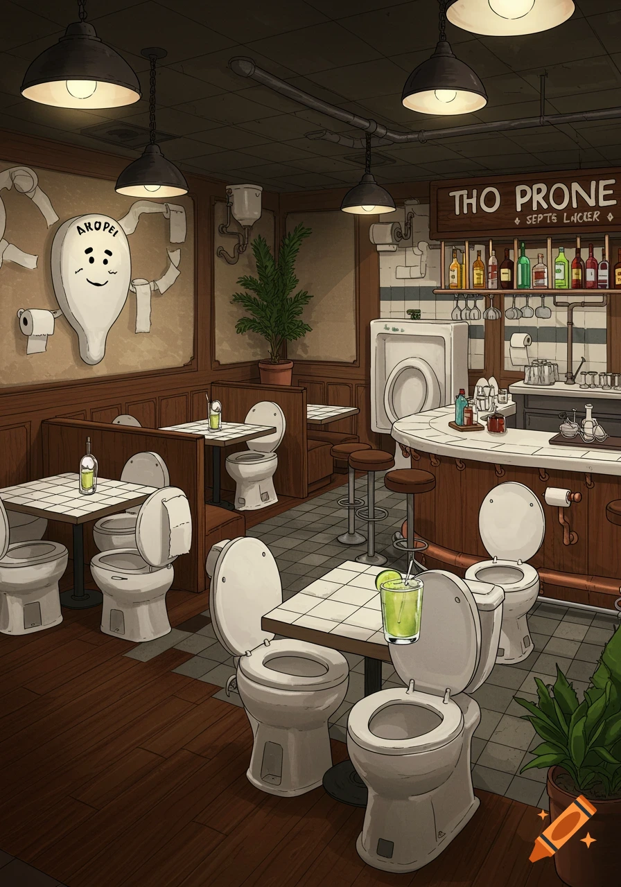 A cartoon illustration of a peculiar restaurant where toilets are used as seating and a urinal serves as part of the bar area. Drinks are on tables.