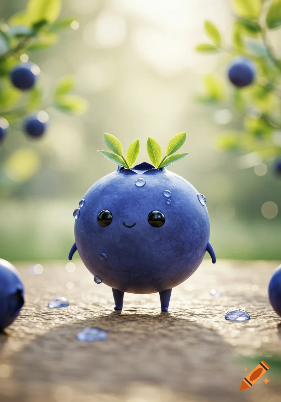 A cute, smiling blueberry character with small green leaves on its head and tiny feet stands on damp ground in a sunny blueberry patch.