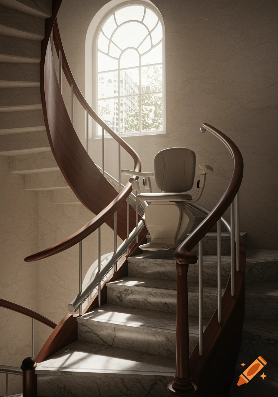 Photorealistic image of a modern stairlift on a spiraling marble staircase next to a large arched window with sunlight.