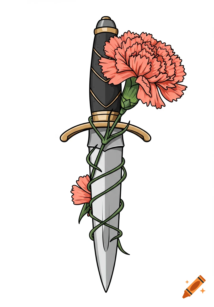 An illustration of a small dagger with a black handle and gold guard, wrapped in green vines with pink carnation flowers.