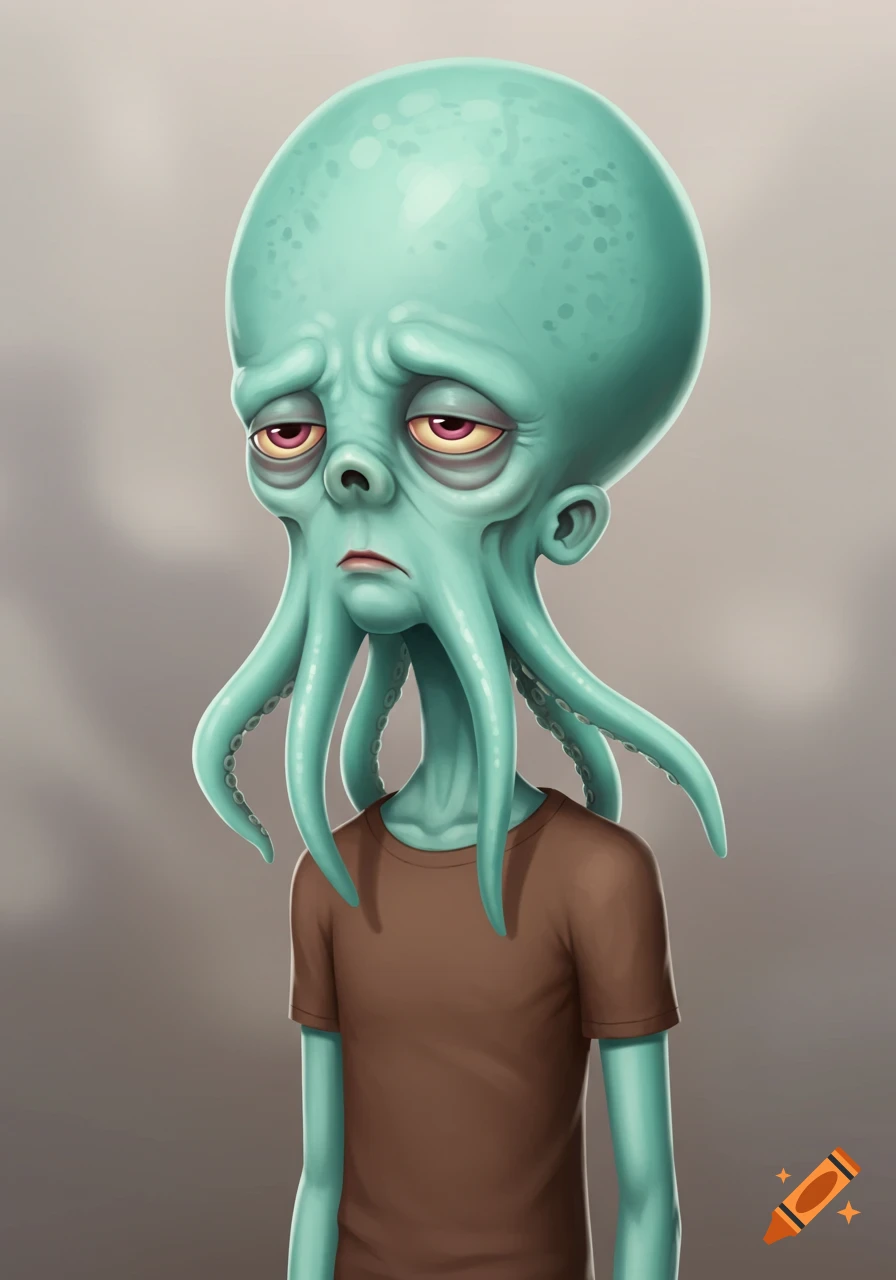 A stylized, melancholic humanoid octopus with teal skin, large head, droopy eyes, and a brown shirt.