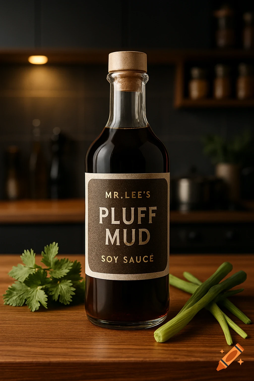 A photorealistic image of a bottle of Mr. Lee's Pluff Mud Soy Sauce on a wooden table with cilantro and green onions.