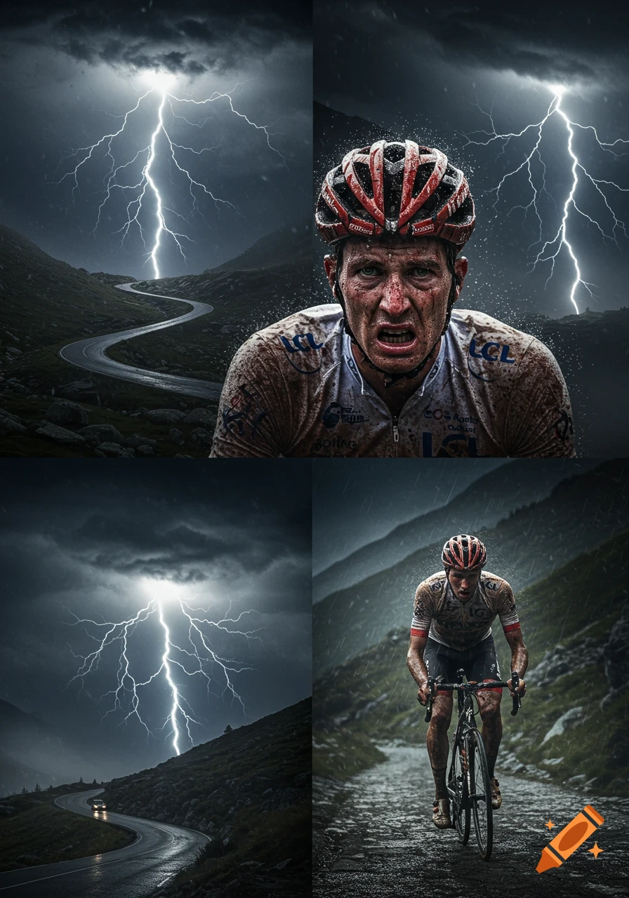 Photorealistic image of a muddy, pained cyclist biking up a winding mountain road during a thunderstorm with lightning.
