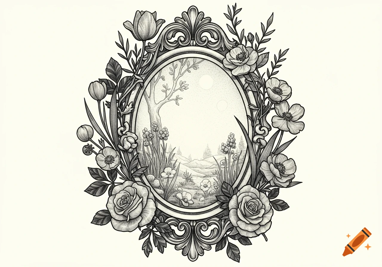 Detailed black and white illustration of an ornate oval frame surrounded by overgrown flowers and leaves, with a landscape scene inside.
