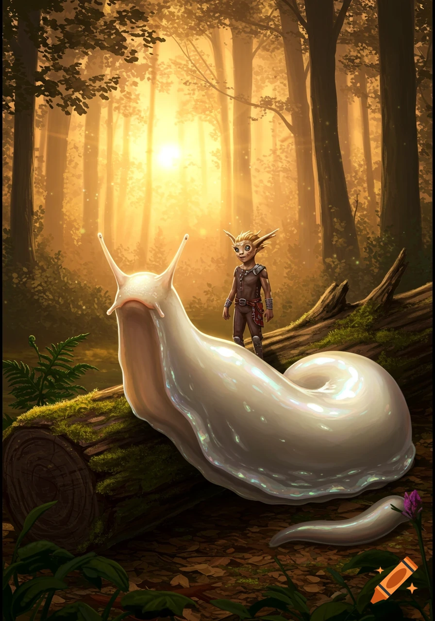 A small goblin-like creature stands on a large, iridescent white slug in a sun-drenched forest.