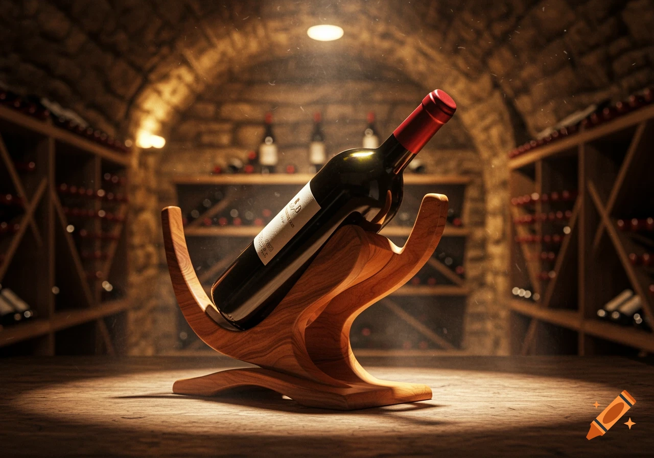 A photorealistic image of a dark wine bottle with a red foil top in a wooden holder inside a rustic stone wine cellar.