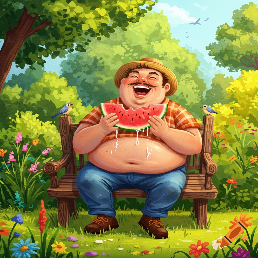 Cartoon illustration of a plump, happy man in a straw hat sitting on a bench in a lush garden, gleefully eating a slice of watermelon.