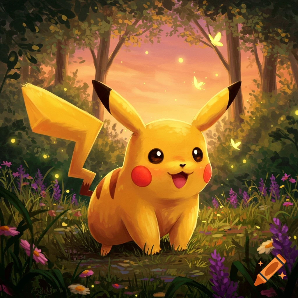 A happy Pikachu with red cheeks and a lightning bolt tail stands in a vibrant, magical forest with glowing fireflies and butterflies at sunset.