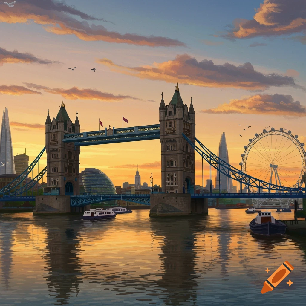 Illustrated view of London's Tower Bridge over the Thames at sunset, with The Shard and London Eye in the background.