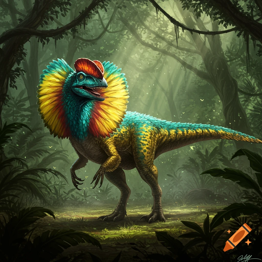 A vibrant, feathered Dilophosaurus dinosaur with a large colorful frill and crest stands in a dense, sunlit jungle.