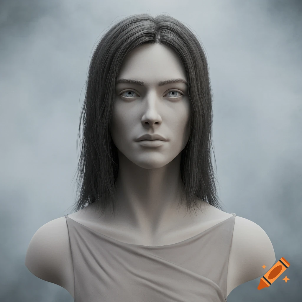 Hyperrealistic digital bust of a woman with long dark hair and a sheer top against a misty grey background.