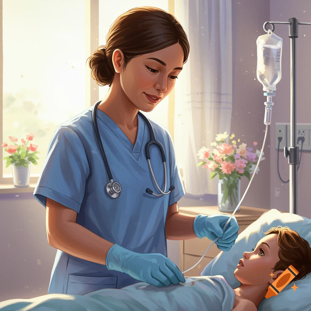 A nurse in blue scrubs and gloves attends to a child in a hospital bed with an IV drip nearby, in an illustration style.