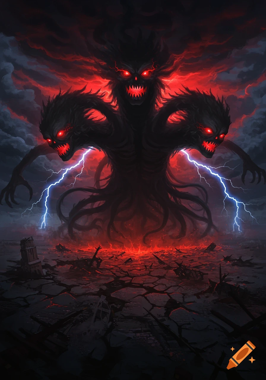 A colossal, dark, multi-headed monster with glowing red eyes stands in a fiery, cracked wasteland under a stormy red sky with lightning.