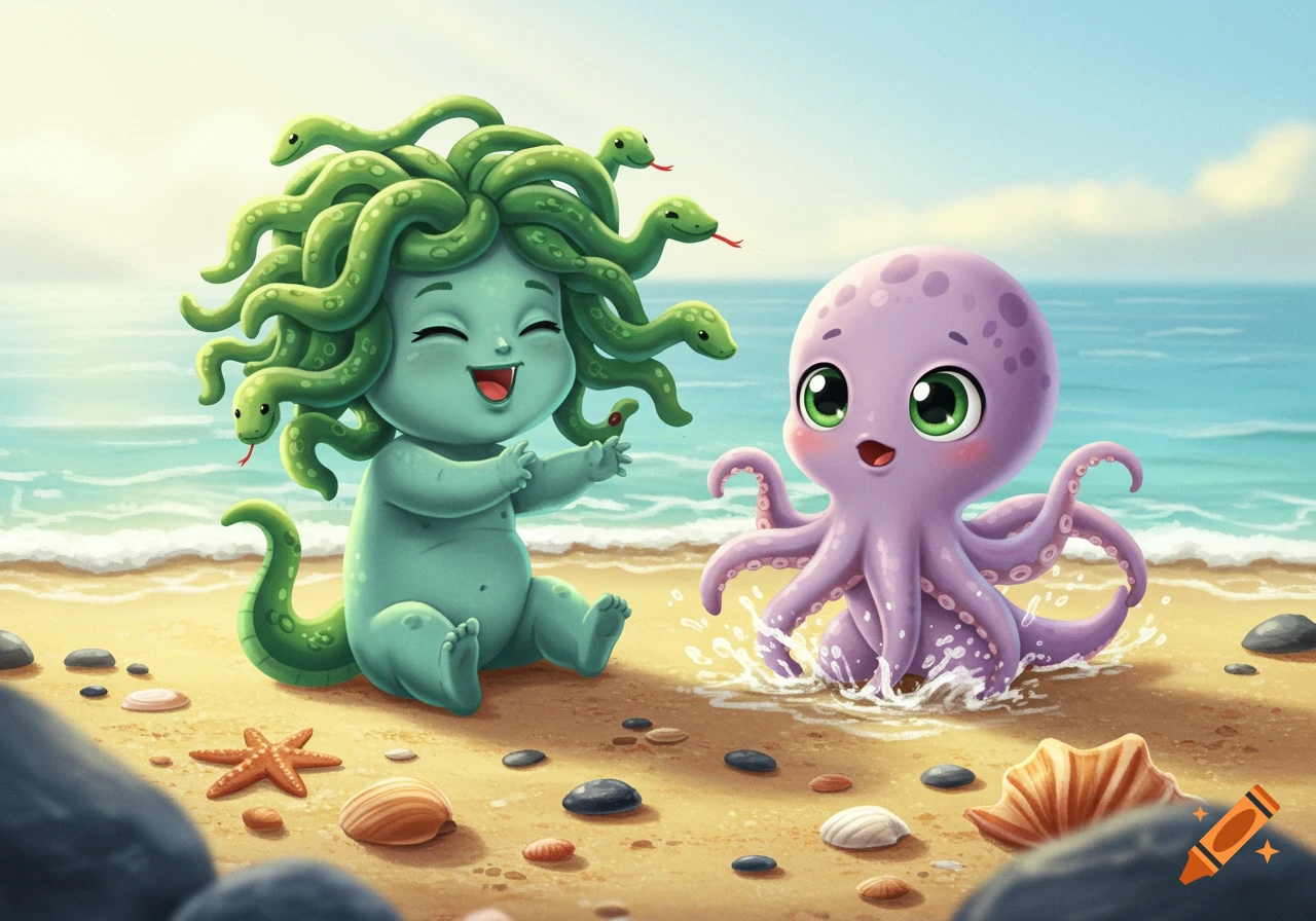 A cute baby Medusa with snake hair and a purple baby kraken playing on a sandy beach with seashells and rocks.