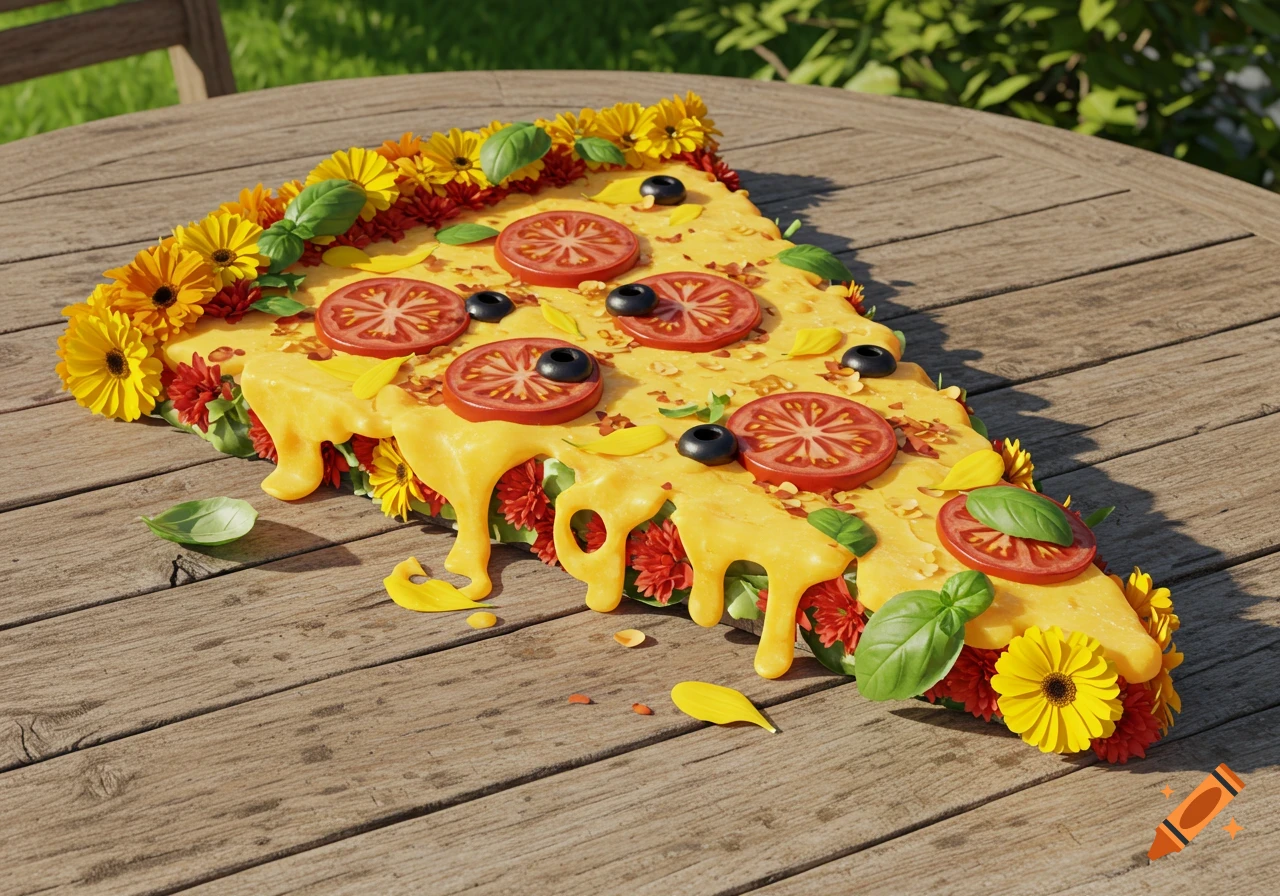 A slice of pizza creatively made from yellow and red flowers, basil, and tomato slices, with yellow dripping cheese, on a wooden outdoor table.