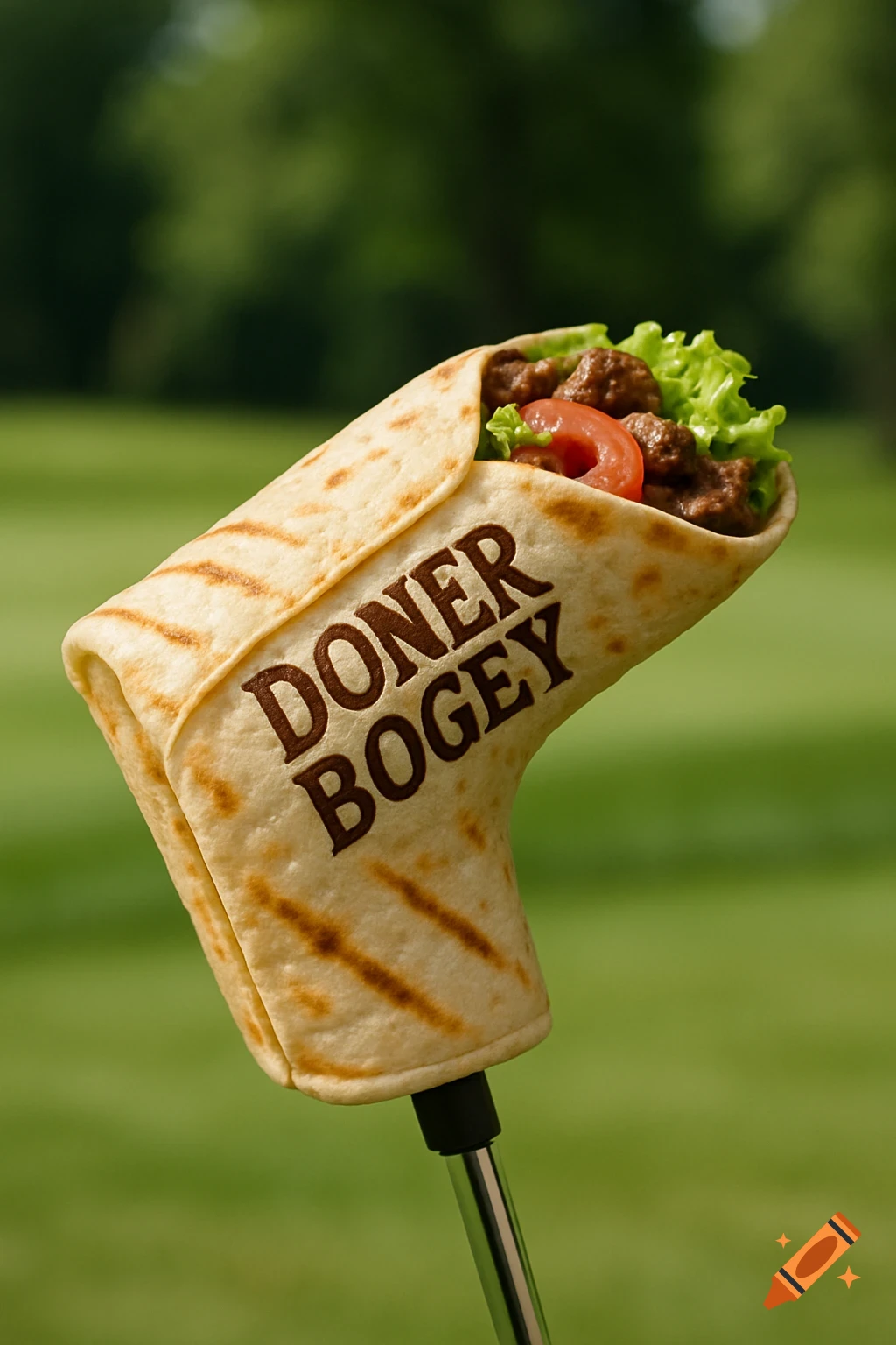 A realistic golf putter headcover shaped like a doner wrap, showing filling, with 'DONER BOGEY' text, on a golf course.