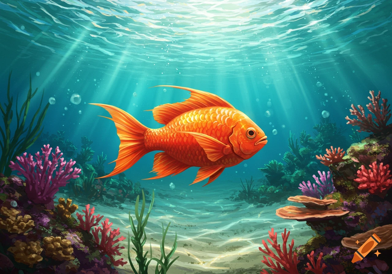 An orange goldfish swims in a vibrant coral reef under clear blue water with sunrays filtering down, in an illustrative style.