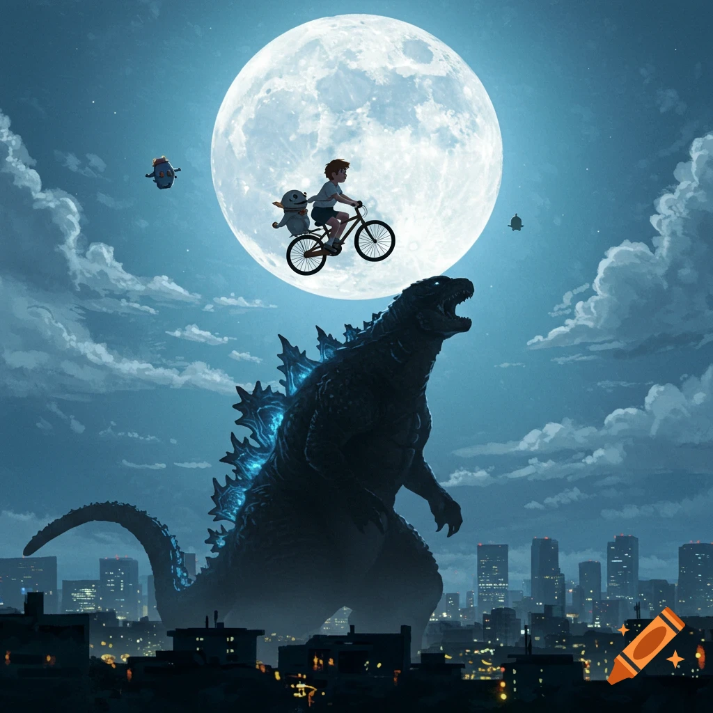 A boy on a bicycle with E.T. flies in front of a giant moon above a city, with Godzilla roaring below.