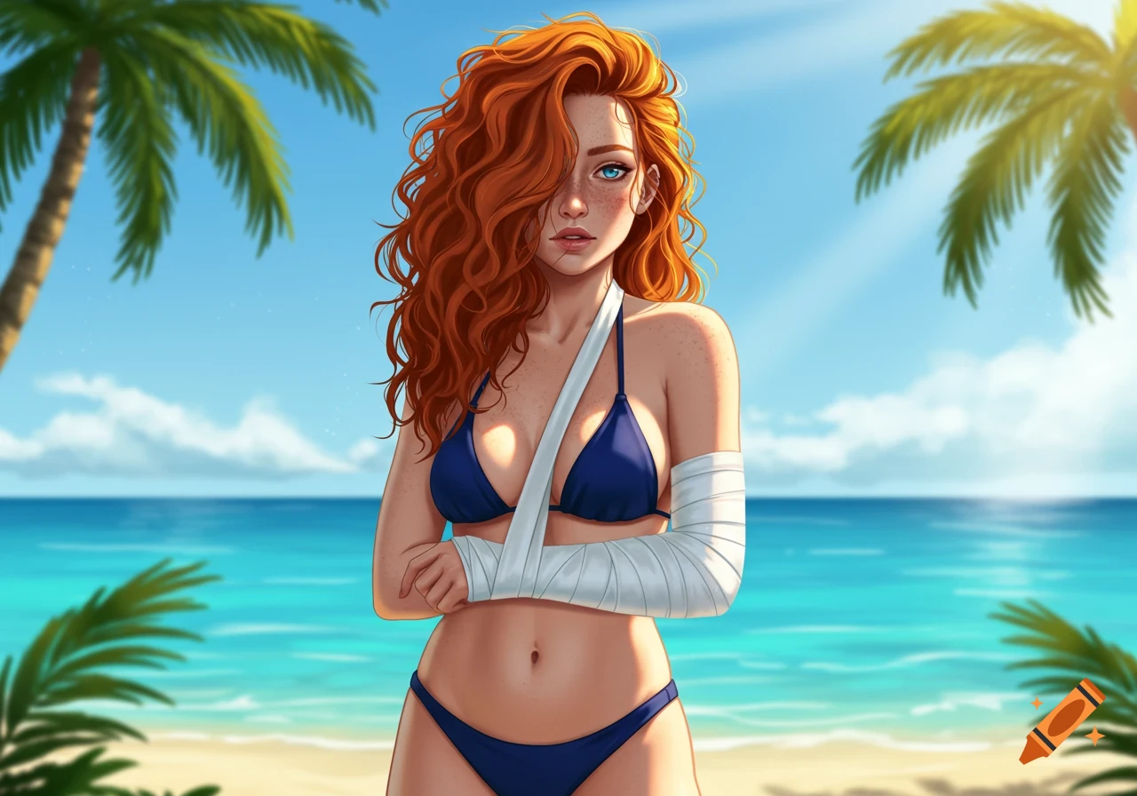 An anime-style illustration of a red-haired woman in a blue bikini with a broken arm in a sling on a sunny beach.