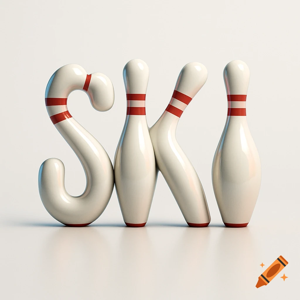 Stylized bowling pins are arranged to form the letters 'SKI' against a clean white background.
