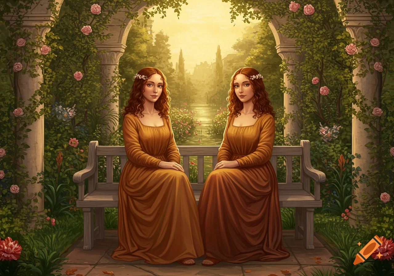 Two women in flowing brown dresses sit on a wooden bench under a rose-covered archway in a lush garden at sunset, in a painterly style.