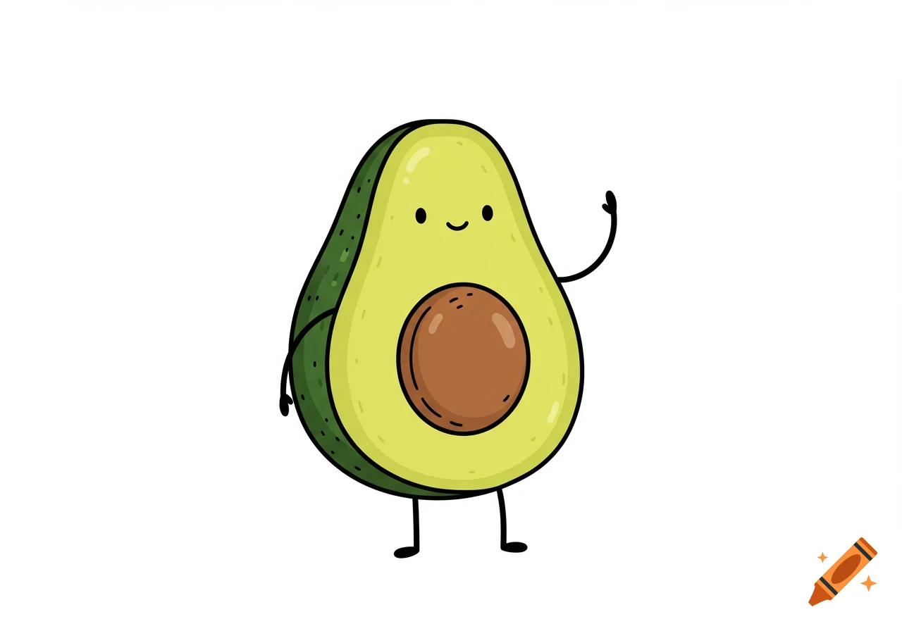 A cute cartoon avocado with a pit and smiling face waves its hand.