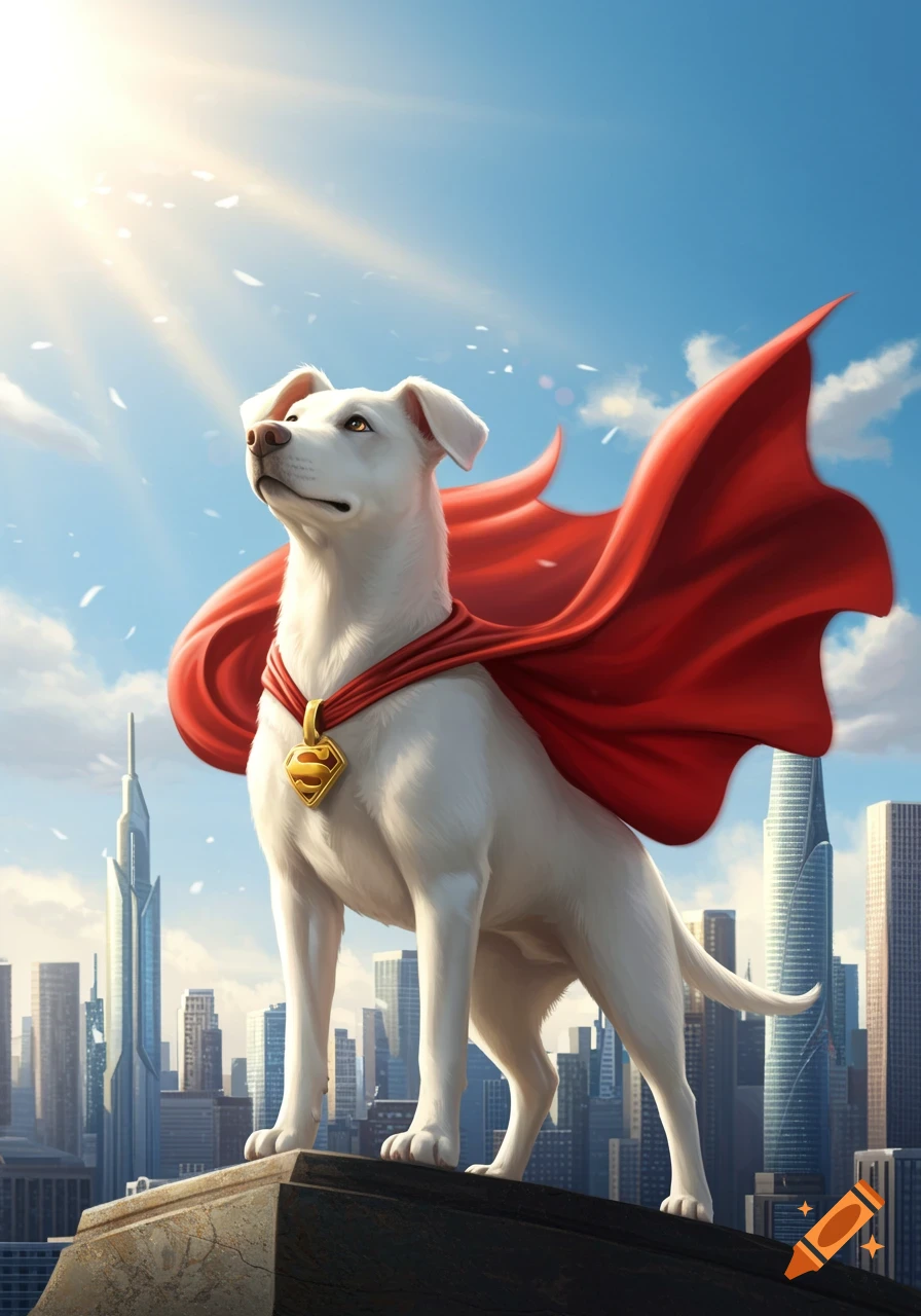 A majestic white dog in a red cape and gold 'S' emblem stands heroically on a city skyscraper, bathed in sunlight.