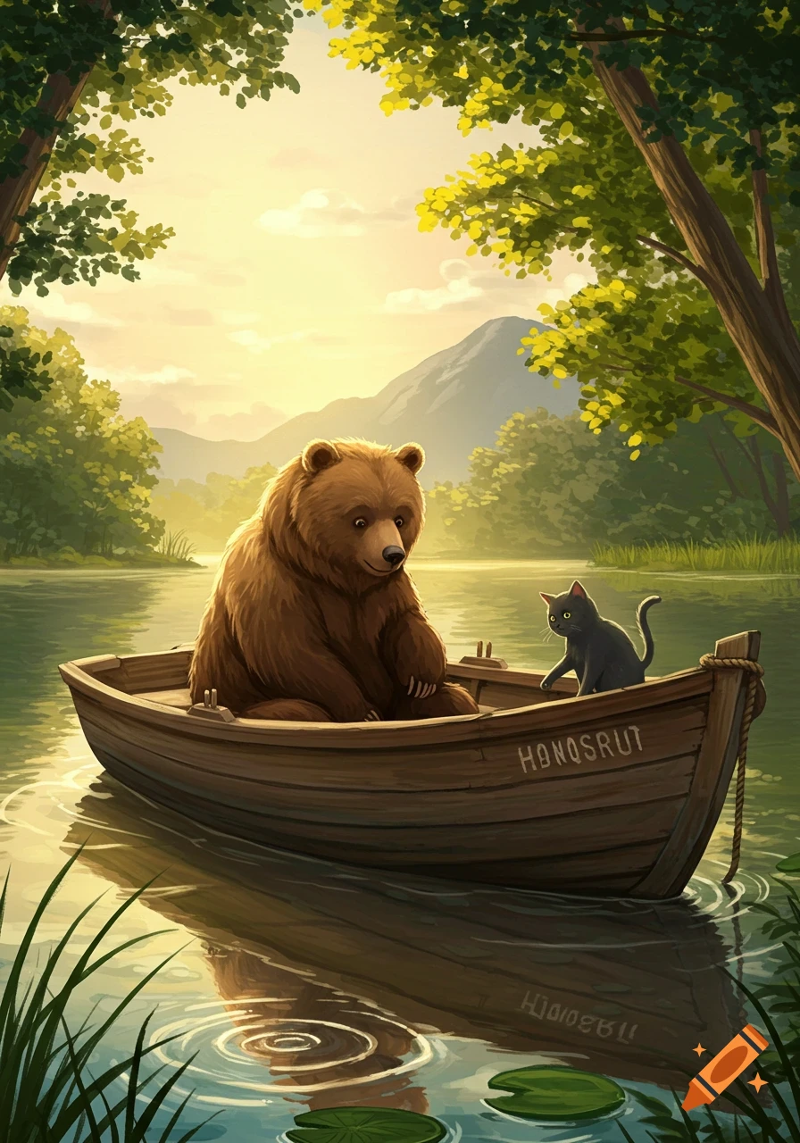 A brown bear and a black cat sit in a wooden boat on a calm lake surrounded by green trees and mountains under a golden sky in an illustration.