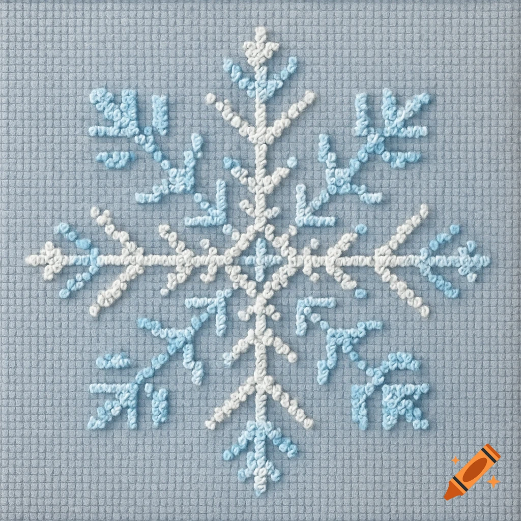 A white and light blue snowflake in a cross stitch pattern on a textured light blue background.