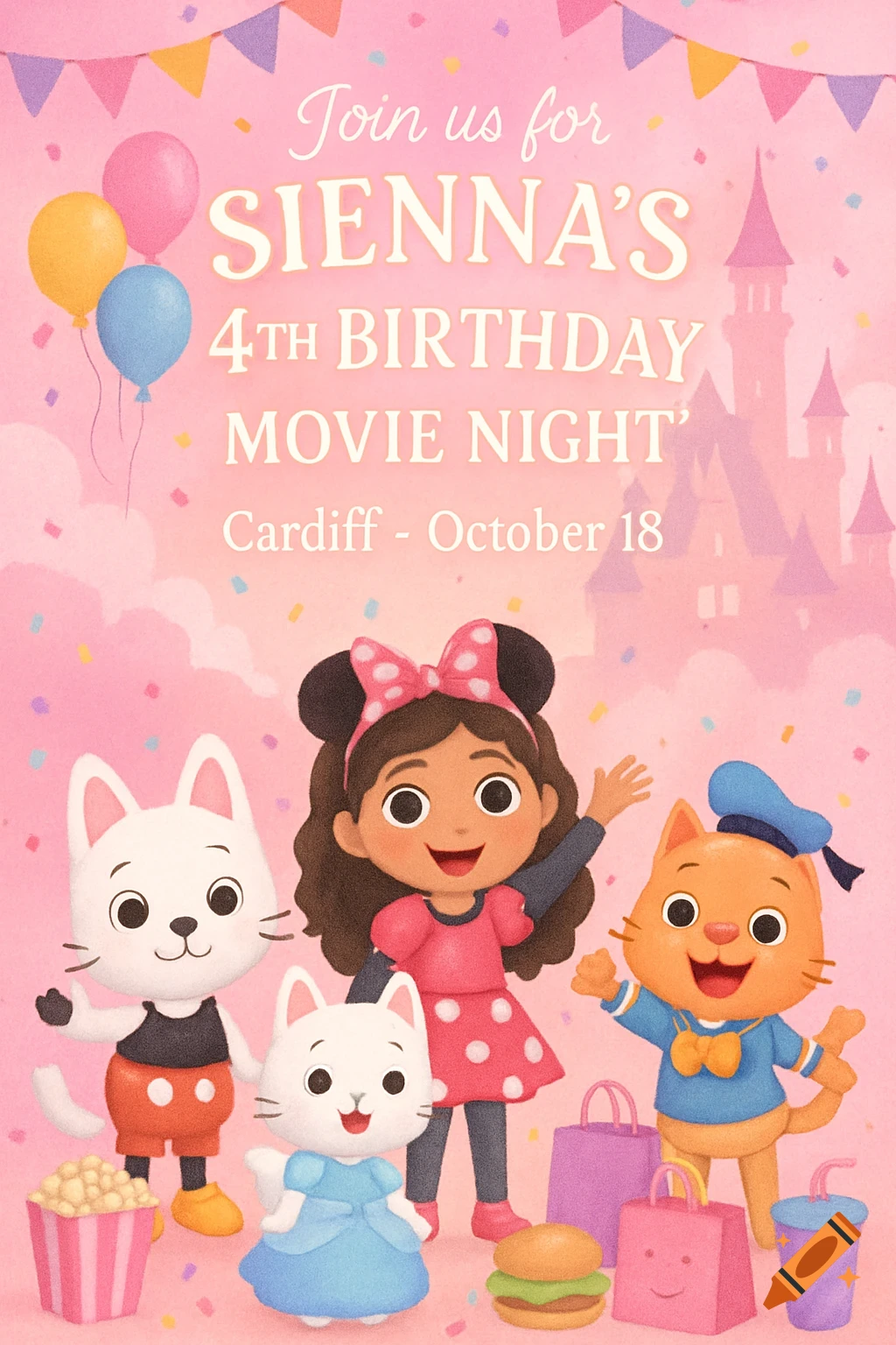 Pink birthday invitation with a cartoon girl in mouse ears, two cartoon cats in character outfits, balloons, and a castle in the background.