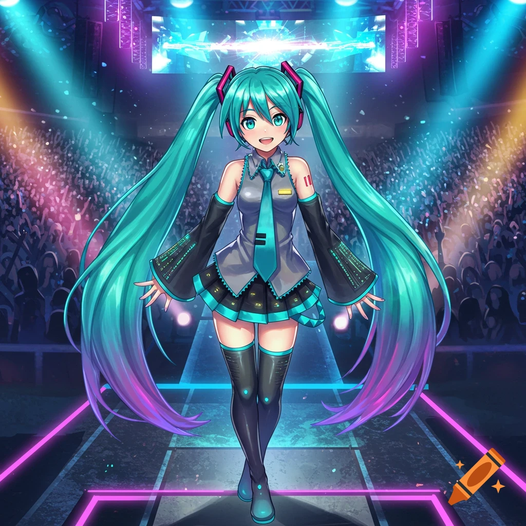 Anime character Hatsune Miku with long turquoise pigtails on a vibrant stage during a concert with an audience.
