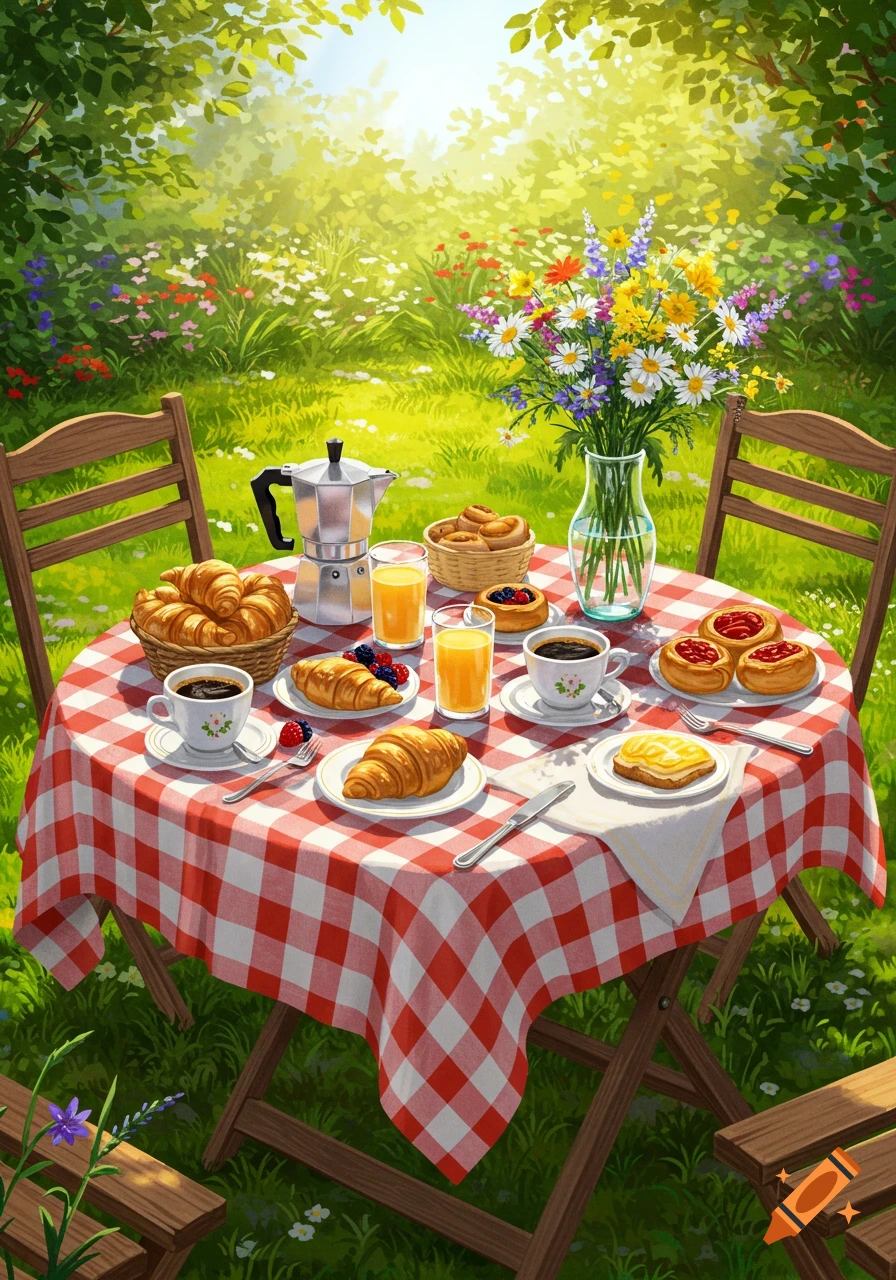 A wooden table with a red and white checkered tablecloth is set outdoors in a sunny garden, holding coffee, juice, croissants, pastries, and flowers.