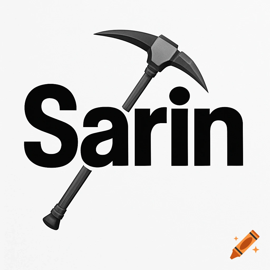 Black text 'Sarin' with a gray pickaxe intersecting it, forming a logo on a white background.
